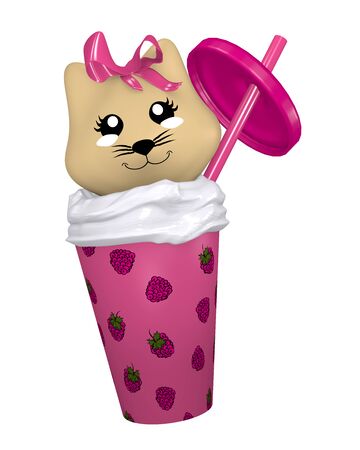 Kawaii raspberry shake with cute kitten. Isolated on white, 3d renderingの写真素材