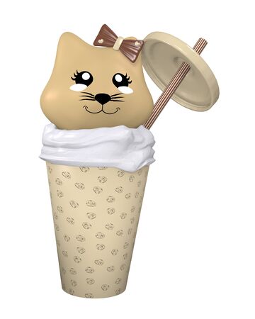 Kawaii hazelnut shake with cute kitten. Isolated on white, 3d renderingの写真素材