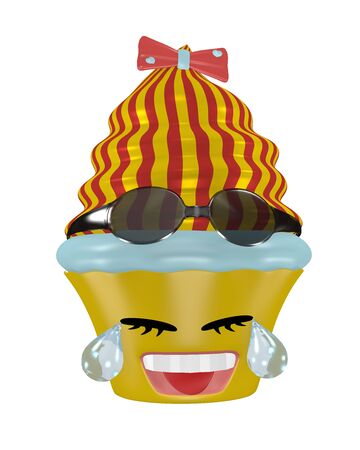Tears laughing cupcake emoticon in kawaii style with sunglasses. 3d renderingの写真素材