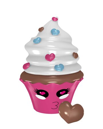 cute Kawaii emoticon with kiss mouth as cupcake. 3d renderingの写真素材
