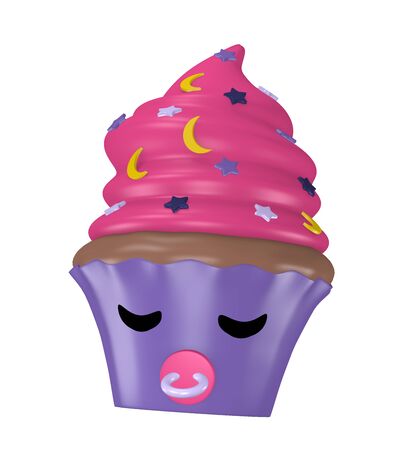 Kawaii cupcake as a sleeping character with pacifier. Isolated on white, 3d renderingの写真素材