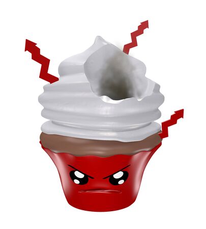 rage smoking emoticon cupcake in kawaii style. 3d renderingの写真素材