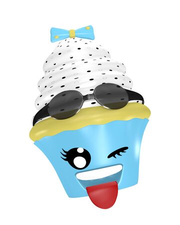 Kawaii Emoticon as Cupcake with winking eye and outstretched tongue. 3d Renderingの写真素材