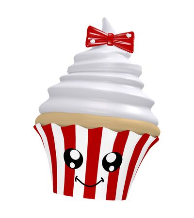 cute cupcake with cream top, red bow and laughing face in kawaii style. 3d renderの写真素材