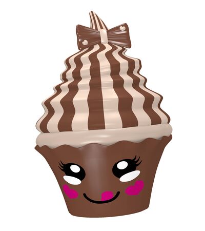 cute nougat chocolate cupcake with chocolate bow and laughing face in kawaii style. 3d renderの写真素材