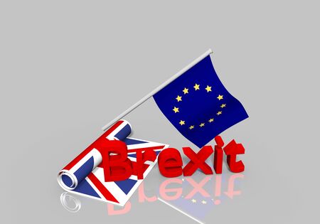 Brexit theme, rolled up UK banner with text. 3d rendering with reflection in the ground.の写真素材