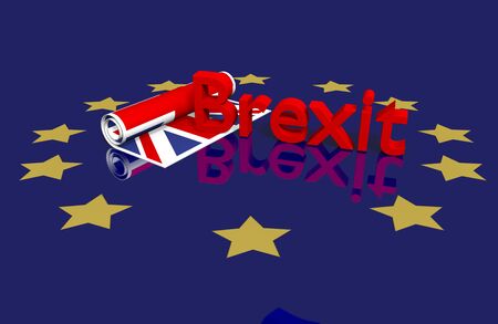 Brexit theme, rolled up UK flag with text on EU ground. 3d rendering with reflection in the ground.の写真素材
