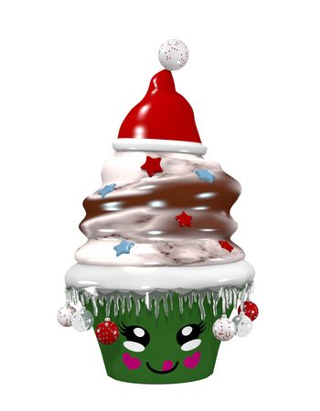cute cupcake for christmas with christmas baubles and smiling face. 3d rendering isolated on whiteの写真素材