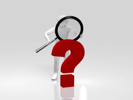 3d male looks through a magnifying glass at a question mark. Isolated on white, 3d renderingの写真素材