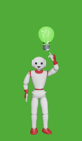 cute 3d robot points his index finger at a glowing light bulb. 3d renderingの写真素材