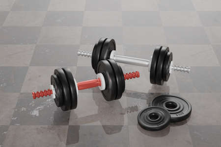 two dumbbells in close-up view are reflected in the floor tiles. 3d renderingの写真素材