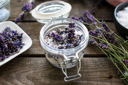 Natural cosmetics: aromatic, lavender bath salt with fresh flowersの写真素材