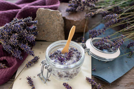 Lavender sugar in a preserving jar. Lavender (Lavandula angustifolia), has a calming and antispasmodic effect. In close-upの写真素材