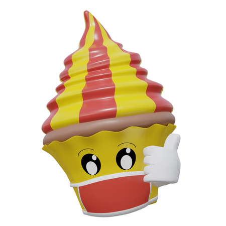waving emoticon cupcake in kawaii style with protective mask against corona. 3D renderingの写真素材