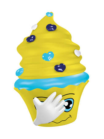 waving emoticon cupcake in kawaii style with protective mask against corona. 3D renderingの写真素材
