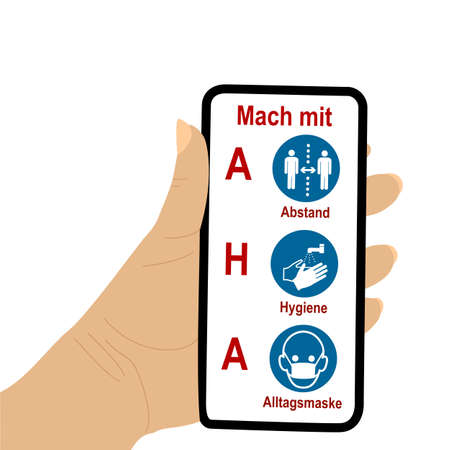 Hand holds cell phone with AHA formula. Text in German: Join in; AHA, distance, hygiene, everyday mask. Vector fileのイラスト素材