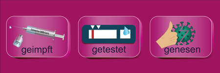 Information signs with the 3 G's of the Corona Protection Ordinance. With German text: Vaccinated, tested, recovered. vectorの写真素材