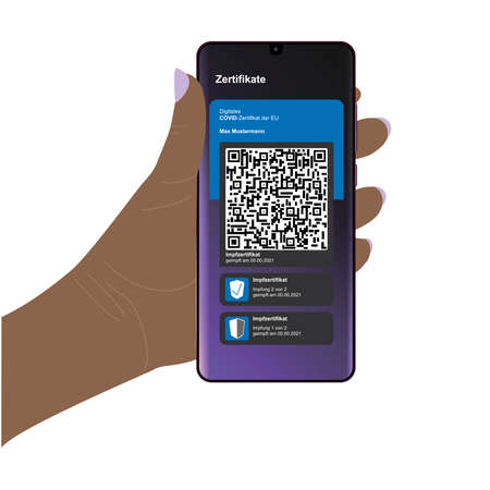 Hand holds mobile phone with digital certificate of vaccination. vectorのイラスト素材