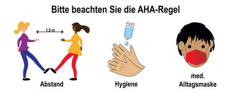 Information sign with the AHA rule against Covid-19. vector. Text in German (Please note the aha rule, distance, hygiene, medical everyday mask). vectorのイラスト素材