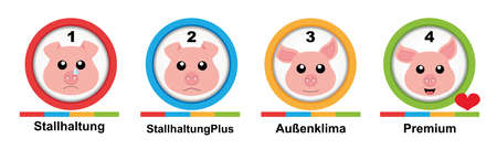 Animal welfare husbandry levels from 1 to 4 for pigs. vector. Text in German (stable, stable plus, outdoor climate, premium)のイラスト素材