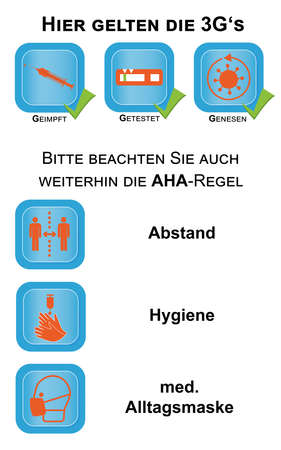 Information signs with the 3 G's and the AHA rule, vector file. Text in German (vaccinated, tested, recovered, distance, hygiene, medical everyday mask)のイラスト素材