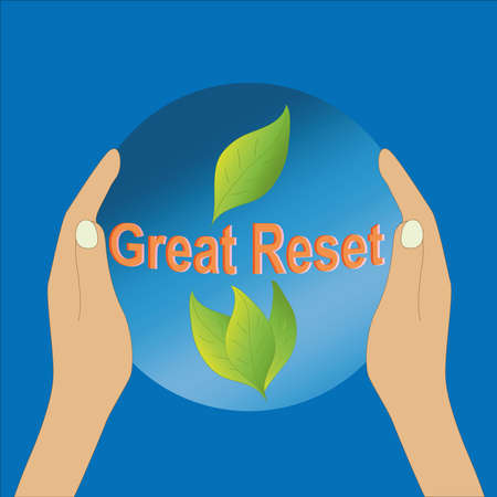 Hands hold a clear ball that says Great Reset. vectorのイラスト素材