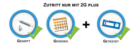 Symbol signs with the 2G plus rule. Text German (2G plus applies here) and (vaccinated, recovered + tested). vectorのイラスト素材