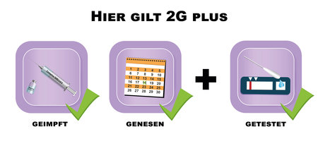 2G plus rule with German text (2G plus applies here) and (vaccinated, recovered + tested). vectorのイラスト素材