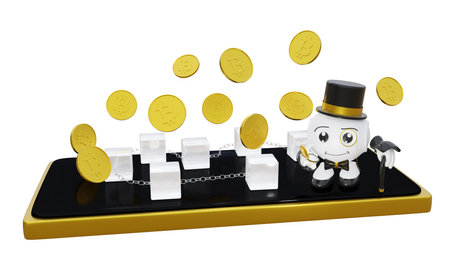 01/24/2022 Germany, NRW - Blockchain with bitcoin coins and a rich robot emoticon with a top hat. 3d renderingのeditorial素材