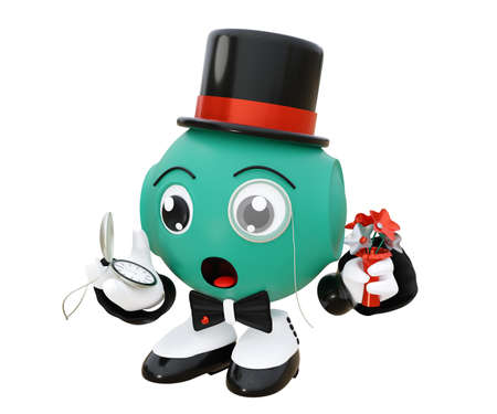 cute 3d character looks frightened at his watch because he is late for the date. 3d renderingの写真素材