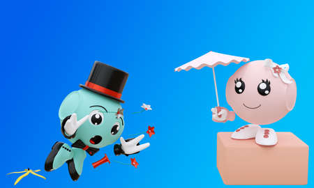 Robot emoticon slips on a banana peel in front of his lover. 3d renderingの写真素材