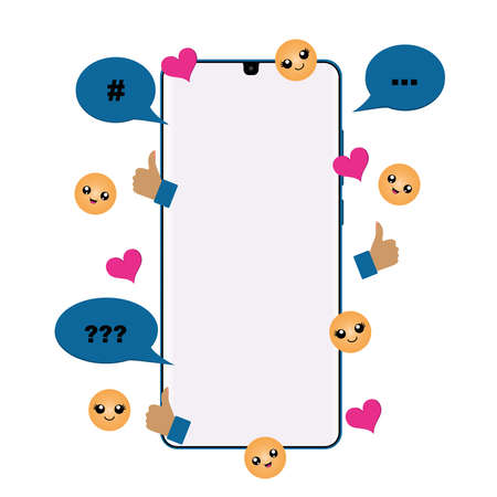 Smartphone with emoticons, speech bubbles, hearts, ok thumb and copy space. vectorのイラスト素材