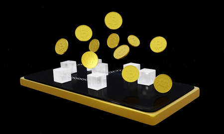 smartphone with blockchain and bitcoins. 3d renderingの写真素材