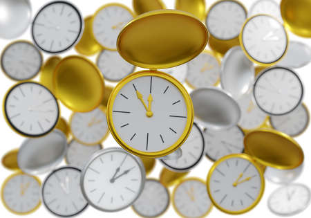 Theme time: gold and silver watches. One sharp in the foreground with the time 11:55 and many blurred ones in the background all with the time 12:05. 3d renderingの写真素材
