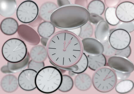 Time theme: pink and silver watches. One sharp in the foreground and many blurred ones in the...