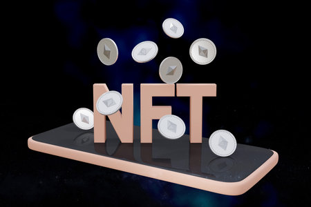 Lettering NFT for Non Fungible Token with Ethereum coins with blurred background. 3d renderingのeditorial素材