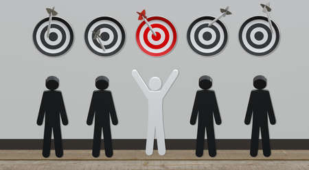 A series of figures with targets above their heads on a wooden floor. 3d renderingの写真素材