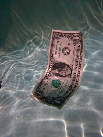 a dollar bill floating down in the water