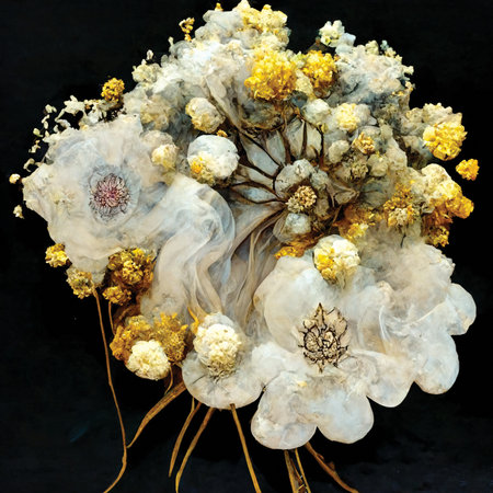 Digital illustration of imaginary white flowers in a beautiful bouquet, printable wall art, floral background or patternの素材