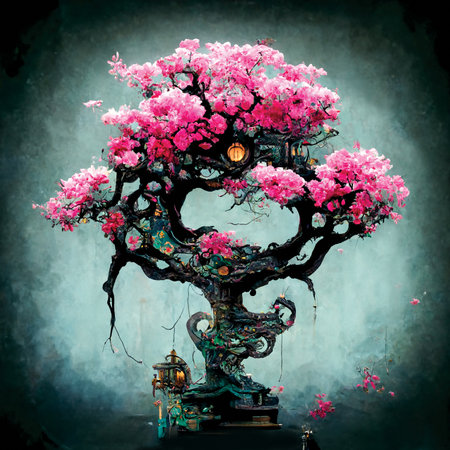 Imaginary bonsai tree, blooming with pink flowers, digital art, printable wall art, nature background or patternの素材