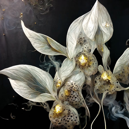 Digital illustration of mystery orchid-like white fantasy flowers, printable wall art, floral background or patternの素材