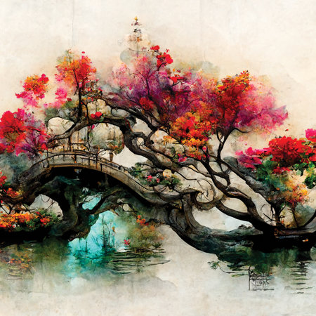 Digital wall art of Japanese autumn garden with beautiful colorful trees and a lakeの素材