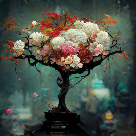 Fantasy blooming tree. Oriental style. Digital art, pink and white on blue background, printable wall artの素材