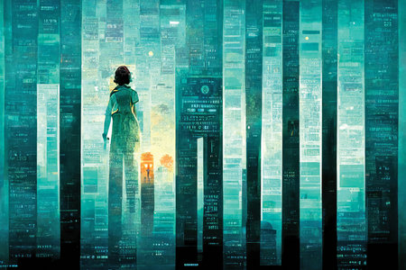 Binary code background, matrix texture with people silhouette, fantasy cyberspace, digital artの素材