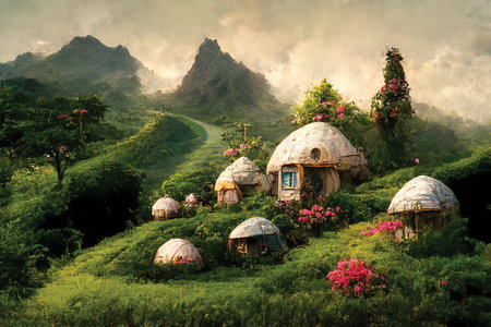 Hobbit village landscape scene. Children illustration, printable wall art, digital artの素材