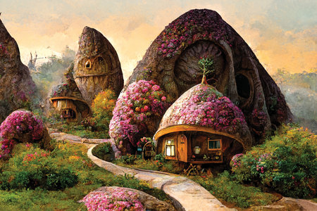 Fairy tale village, hobbit house, children illustration, printable wall art, fantasy painting, digital ai artの素材