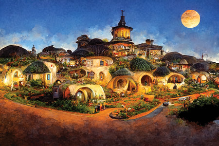 Fantasy world, fairy tale village, countryside landscape with buildings for the game. 3D illustration, background or wallpaper, digital ai artの素材
