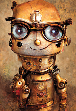 Cute friendly cartoon robot with big eyes, illustration for kids, digital art, artificial intelligence, printable artworkの素材