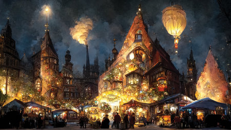Fantasy digital illustration of Christmas market, holiday cityscape scene, Christmas fairy lights. Digital art, printable wallpaper, background or post cardの素材