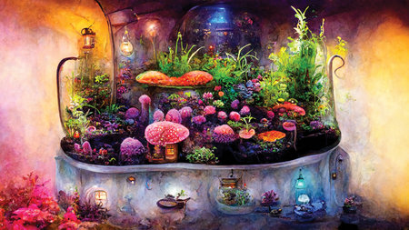 Children illustration, greenhouse with magic mushrooms and plants. Printable watercolor painting, digital art, fairy tale elven backgroundの素材